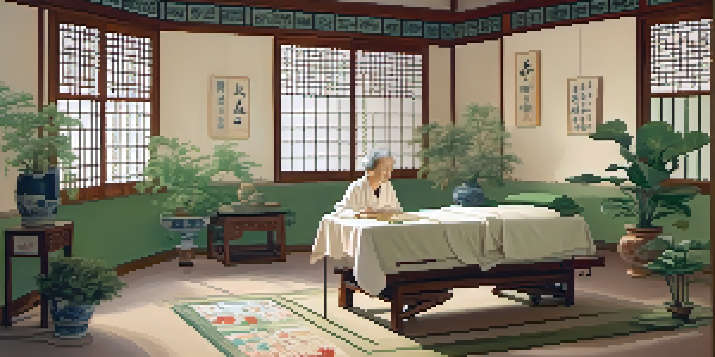An elderly woman receiving acupuncture in a peaceful treatment room, with soft lighting and calming decor.