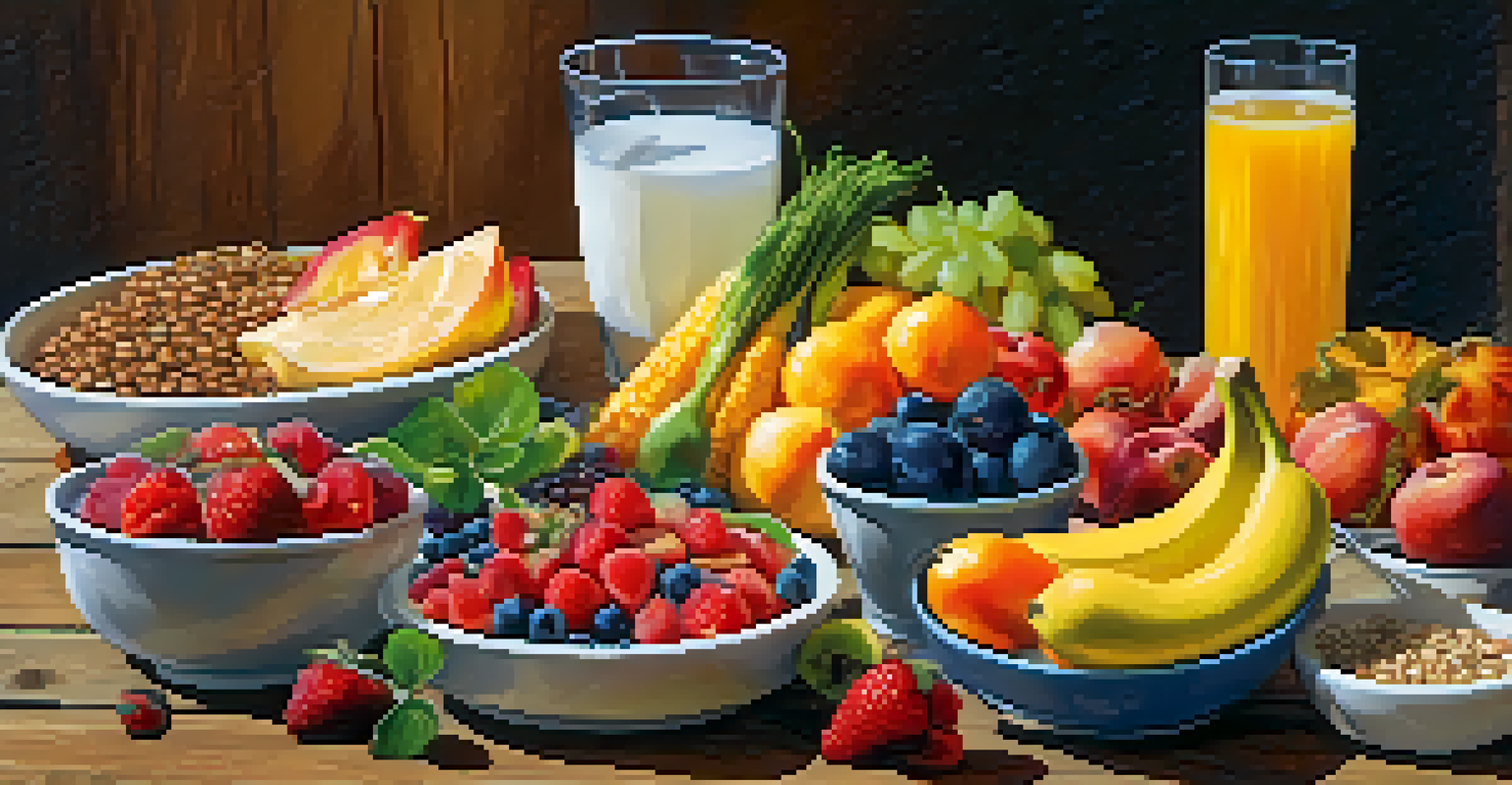 A colorful and nutritious meal displayed on a wooden table, showcasing fruits, vegetables, grains, and a glass of water in a bright setting.