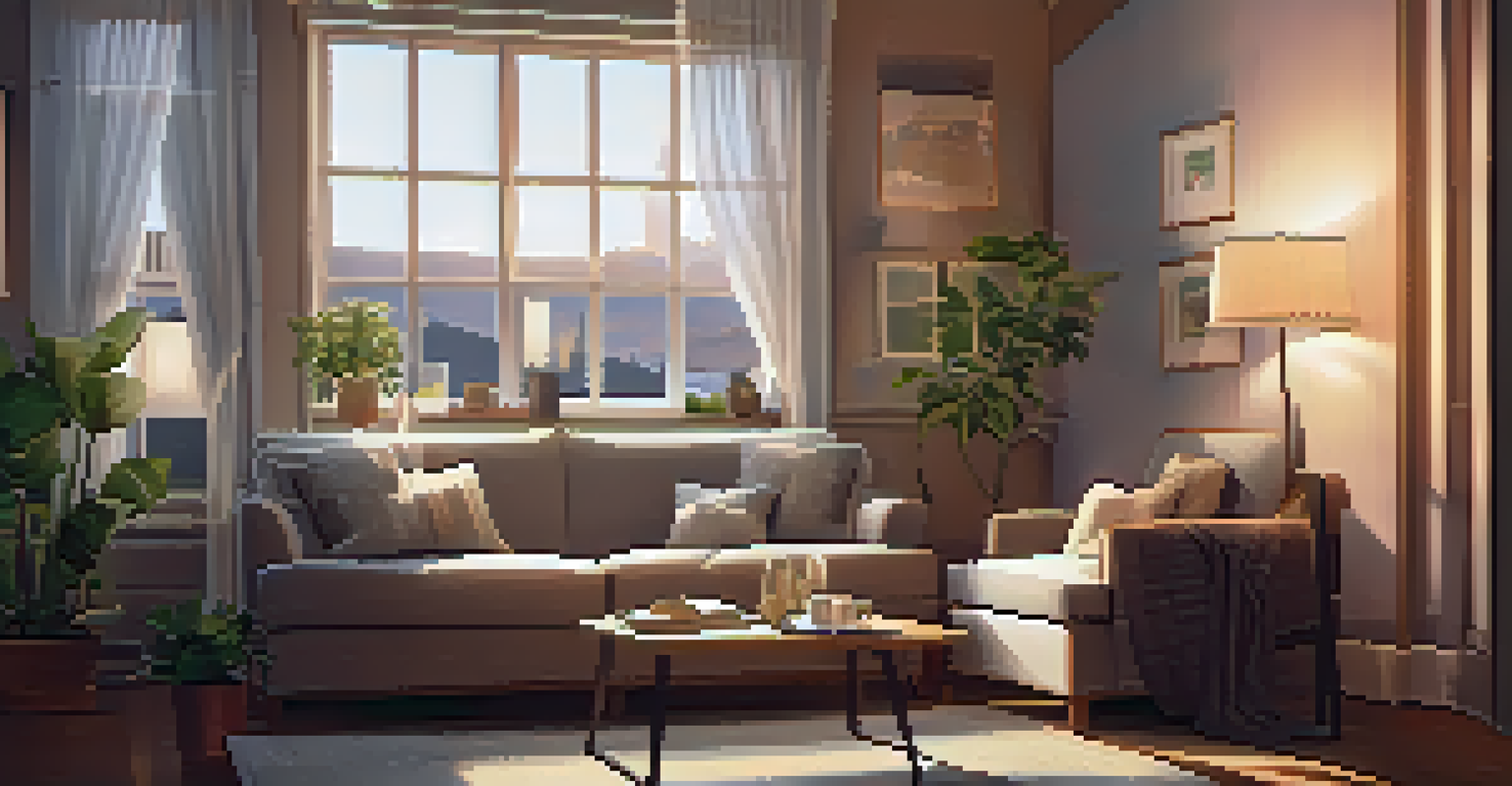 A cozy living room with a couch, a blanket, and a cup of tea, illuminated by soft lighting.