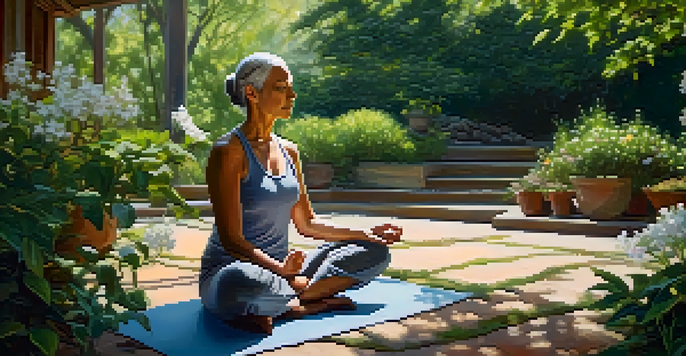 A middle-aged woman meditates peacefully in a lush garden, surrounded by greenery and flowers, with soft sunlight filtering through the trees.