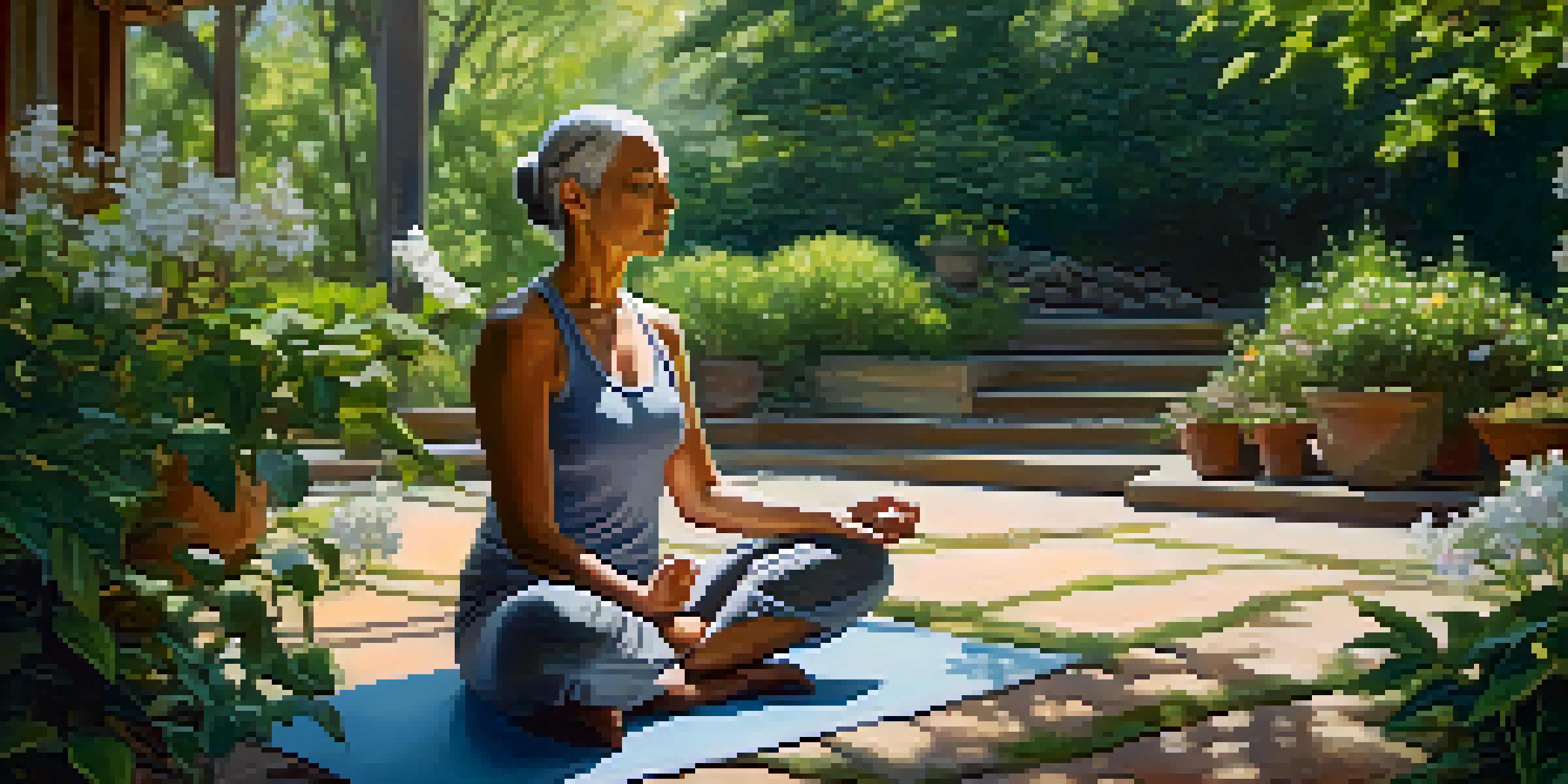 A middle-aged woman meditates peacefully in a lush garden, surrounded by greenery and flowers, with soft sunlight filtering through the trees.