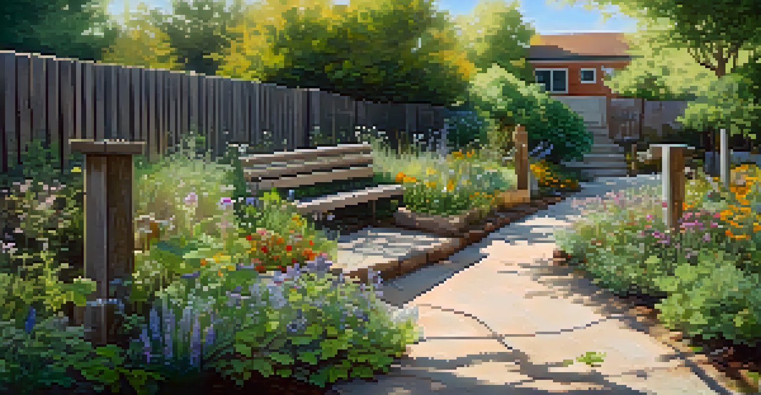 A peaceful meditation area in a community garden, with stone benches, blooming flowers, and informative signs about herbs.