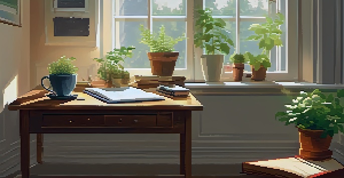 A cozy room with a wooden desk, an open journal, a cup of herbal tea, and a potted plant, illuminated by sunlight.