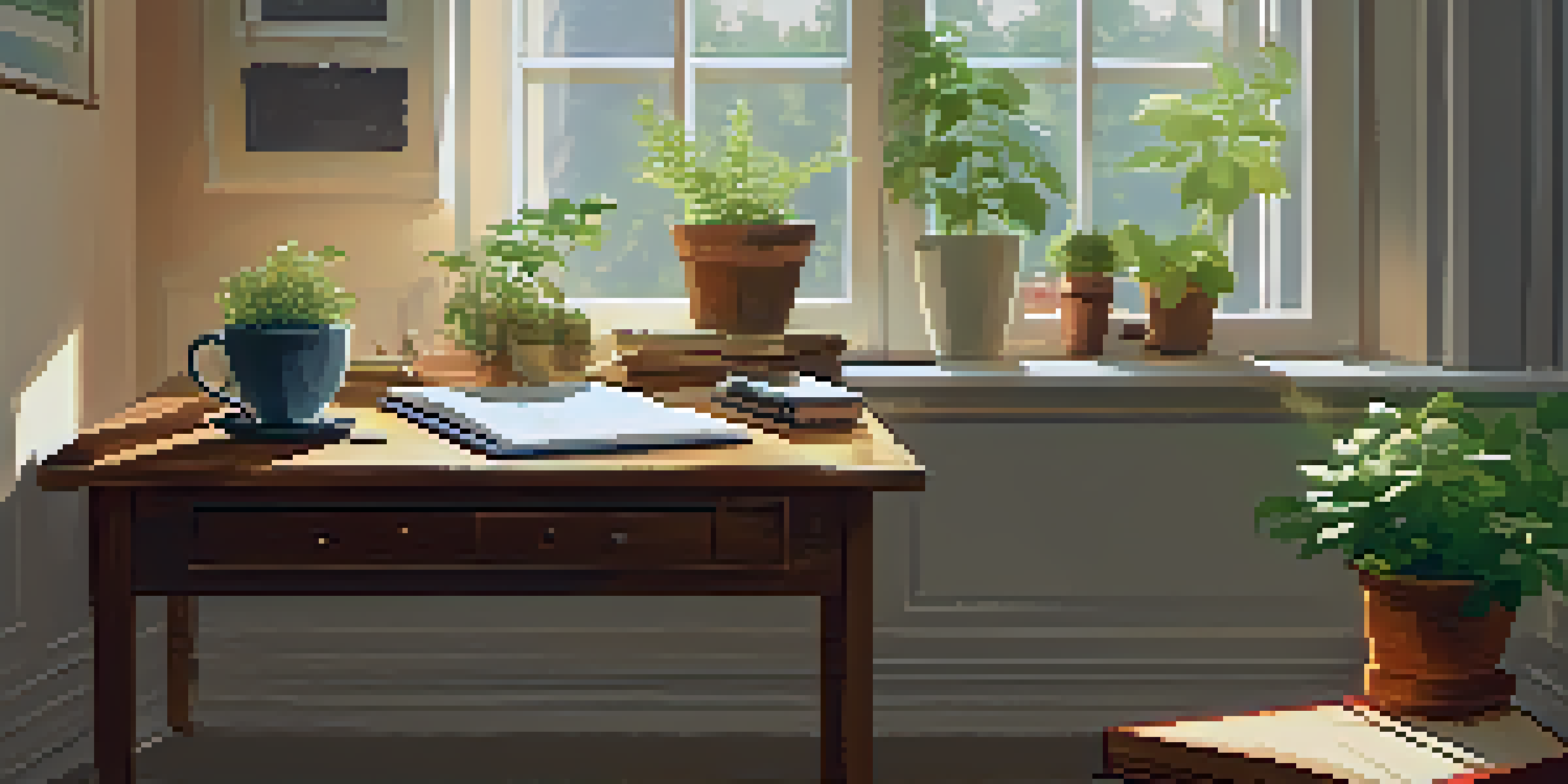 A cozy room with a wooden desk, an open journal, a cup of herbal tea, and a potted plant, illuminated by sunlight.
