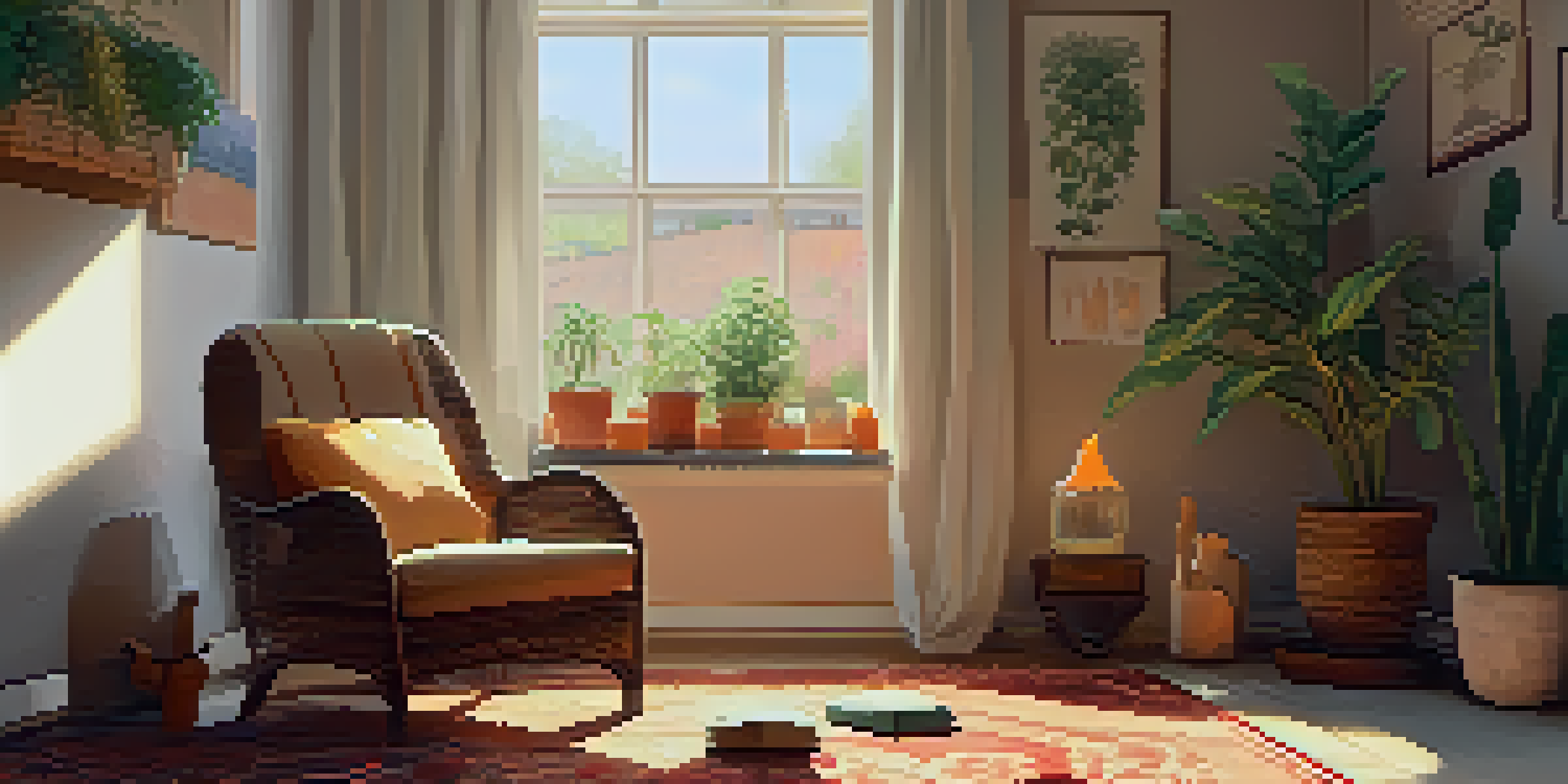 A warm and inviting indoor space with sunlight filtering through a window, an armchair, plants, and a table with herbal teas and a journal.