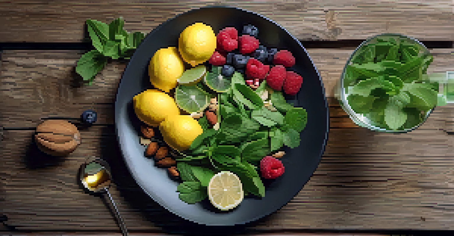 An overhead view of a nutritious meal with leafy greens, nuts, and colorful fruits, highlighting the role of nutrition in health.