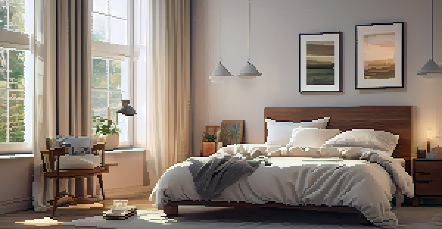 A peaceful bedroom with a cozy bed and soft lighting, promoting a sense of calm for quality sleep.