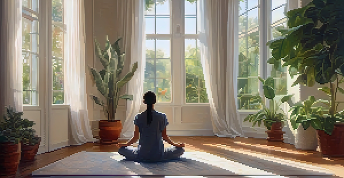 A person meditating in a sunlit room filled with plants and soft decor.