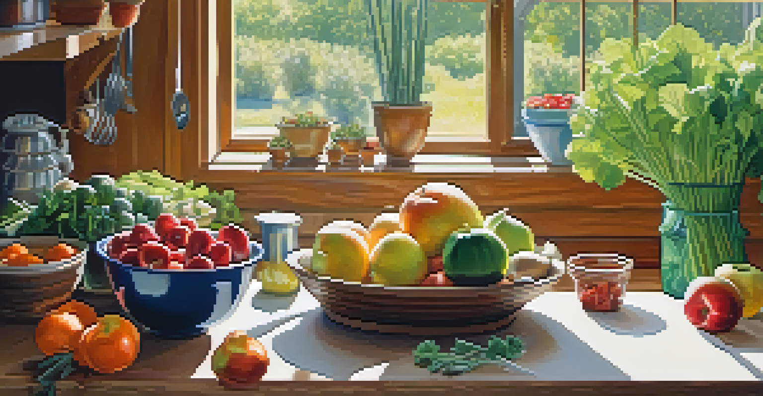 A kitchen with fresh organic fruits and vegetables on the counter, highlighting healthy meal preparation in a bright, sunlit environment.
