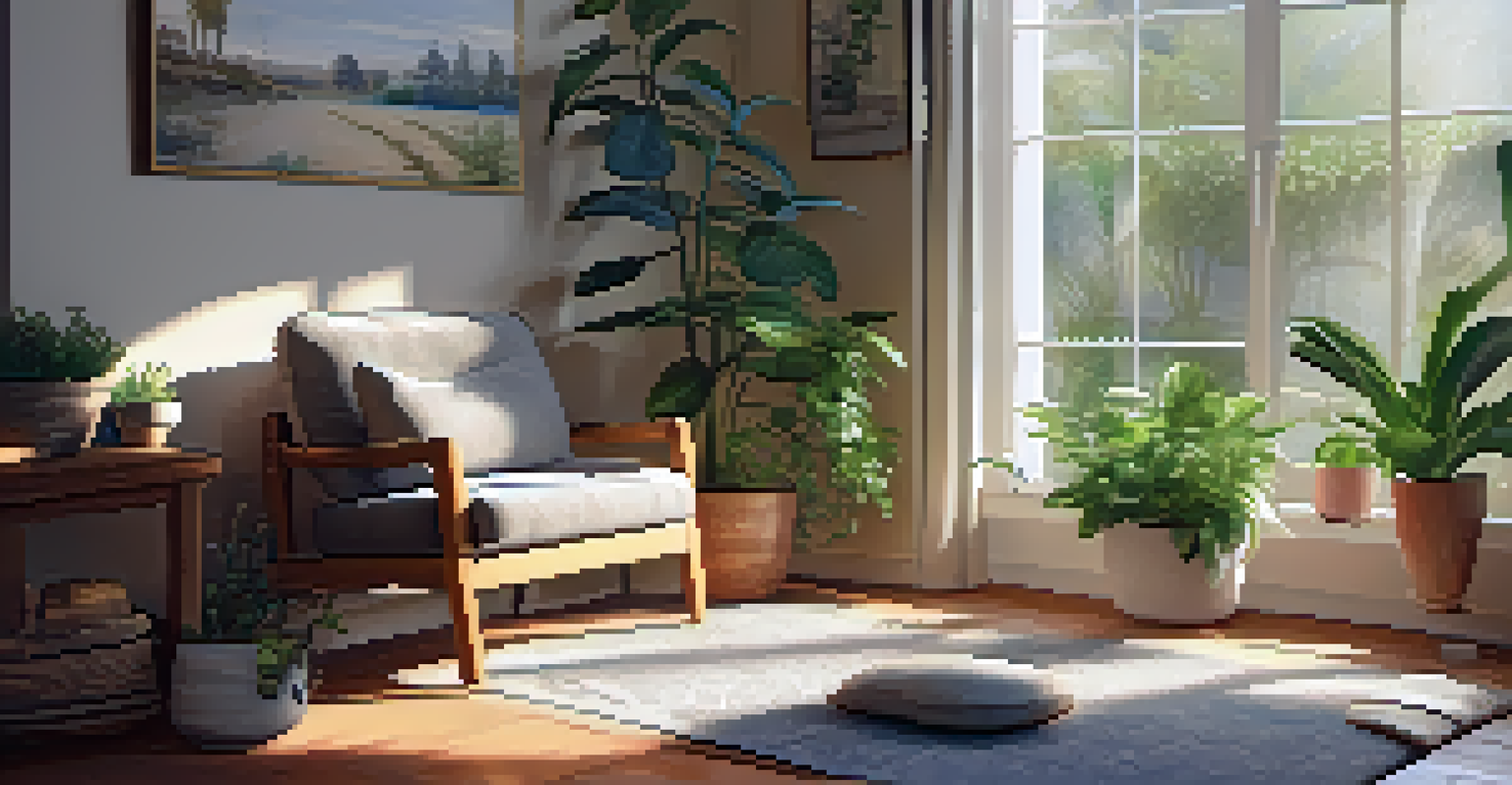 A cozy reading nook with indoor plants, a chair, and a cup of tea, bathed in sunlight.