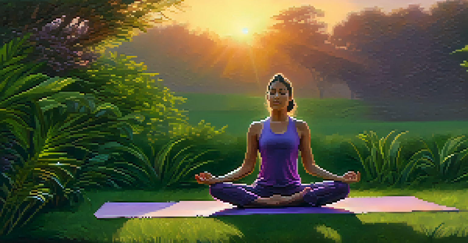 A person practicing yoga at sunset in a lush green environment, exuding calmness and tranquility.