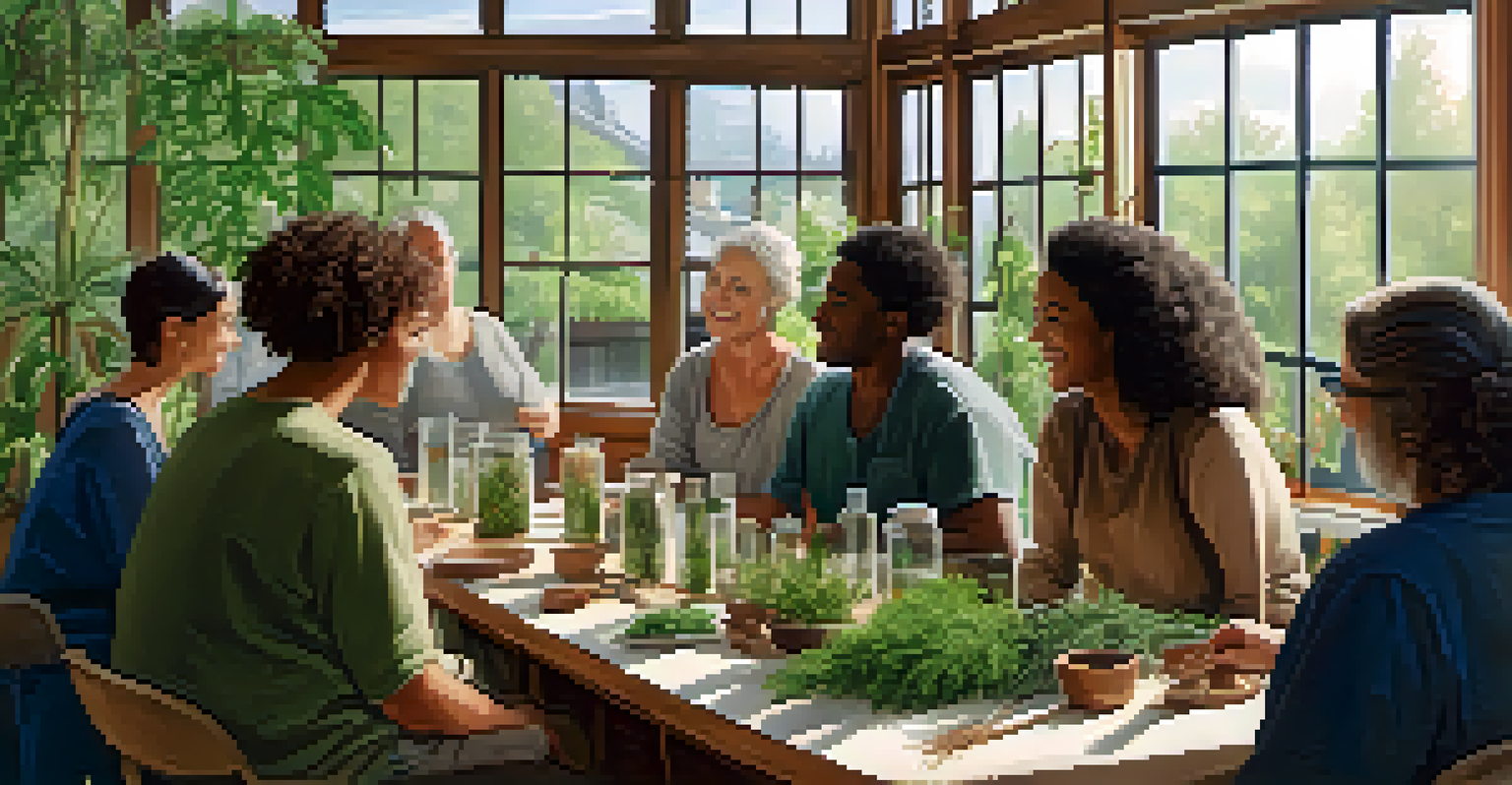 A lively workshop on herbal medicine in a community center with diverse participants discussing herbs and plants, illuminated by natural light.