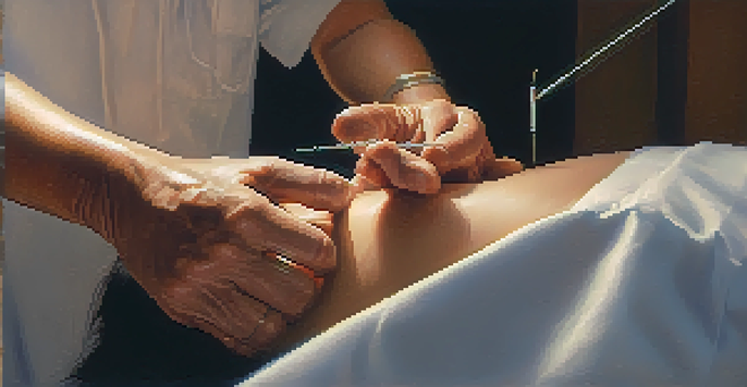 A close-up image of an acupuncturist's hands inserting a needle into a patient's arm, highlighting the needle's glimmer and the patient's skin texture.