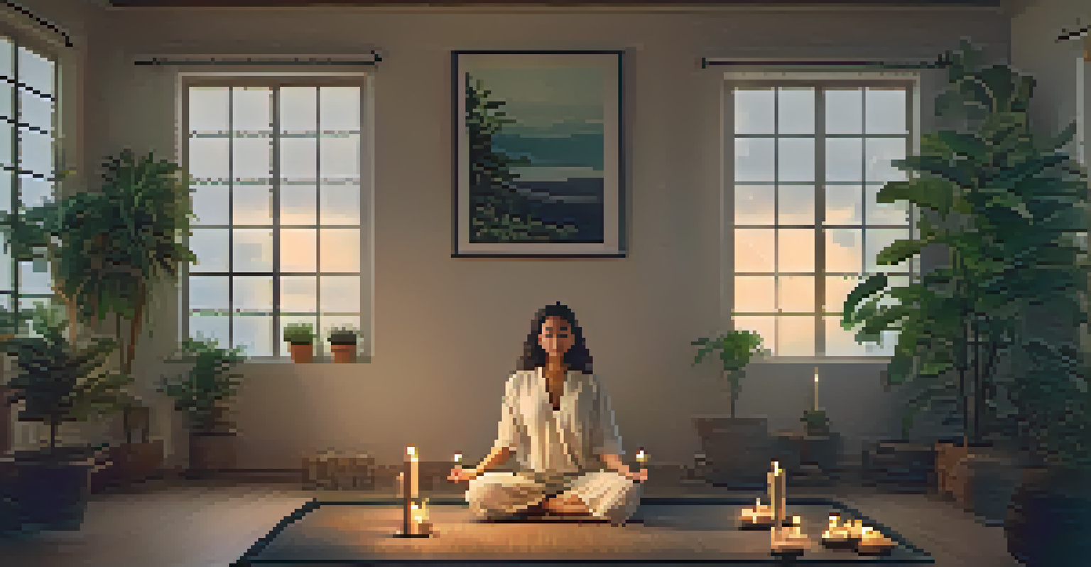 A calming meditation space with a person seated on a mat, surrounded by candles and potted plants in warm light.