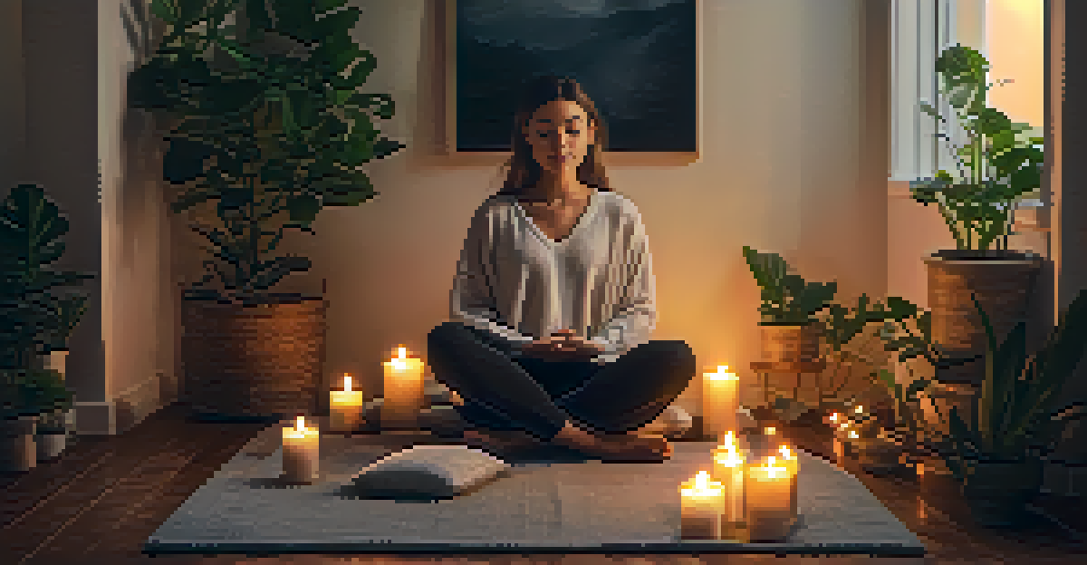 A person meditating in a cozy room filled with candles and plants.