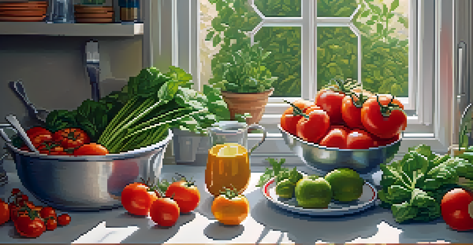 A person in a cozy kitchen preparing a colorful meal with fresh vegetables and herbs, illuminated by warm natural light, showcasing healthy cooking.