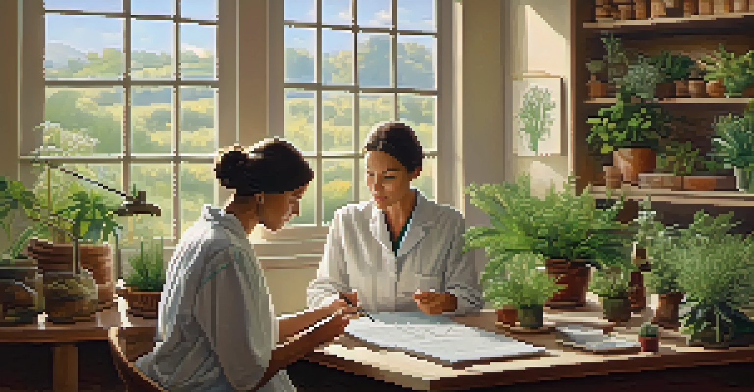 A naturopathic practitioner discussing herbs with a patient in a cozy office filled with plants and herbal decor.