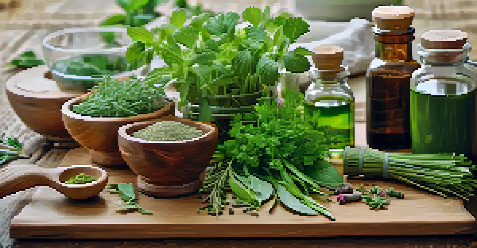 Close-up of fresh herbs and essential oils on a wooden table.