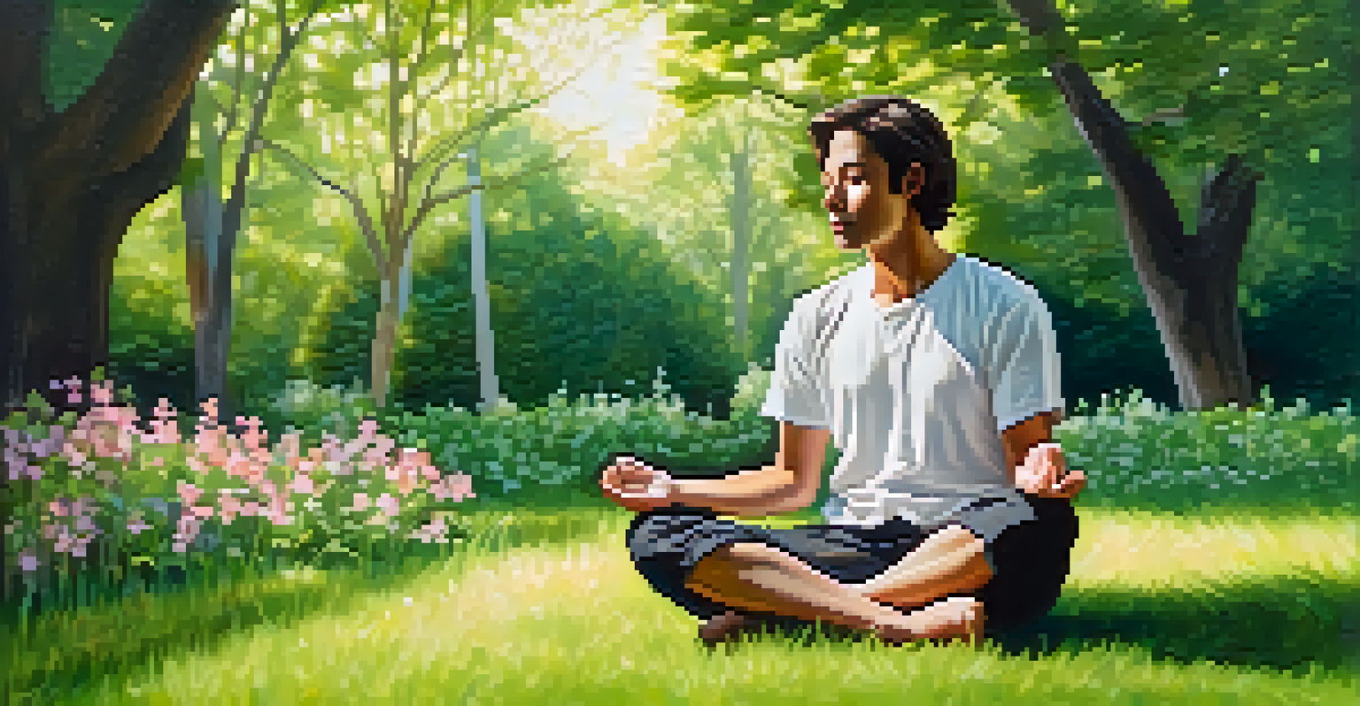 A person practicing mindfulness in a green park, sitting on the grass with eyes closed, surrounded by trees and flowers.