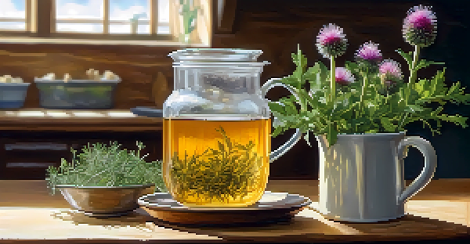 A cozy kitchen scene with a wooden table displaying freshly picked herbs and a steaming cup of herbal tea.