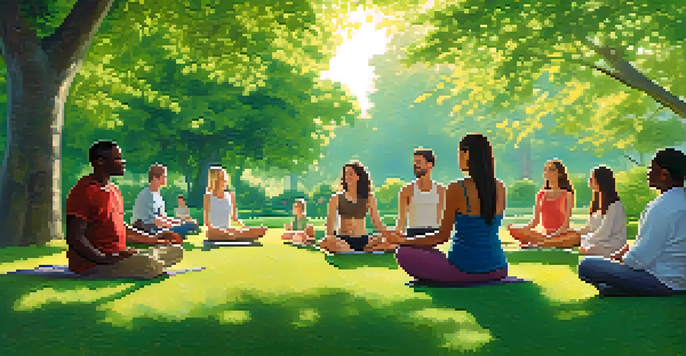 A diverse group of people meditating in a sunny park, surrounded by green trees and colorful flowers, conveying a sense of peace and mindfulness.
