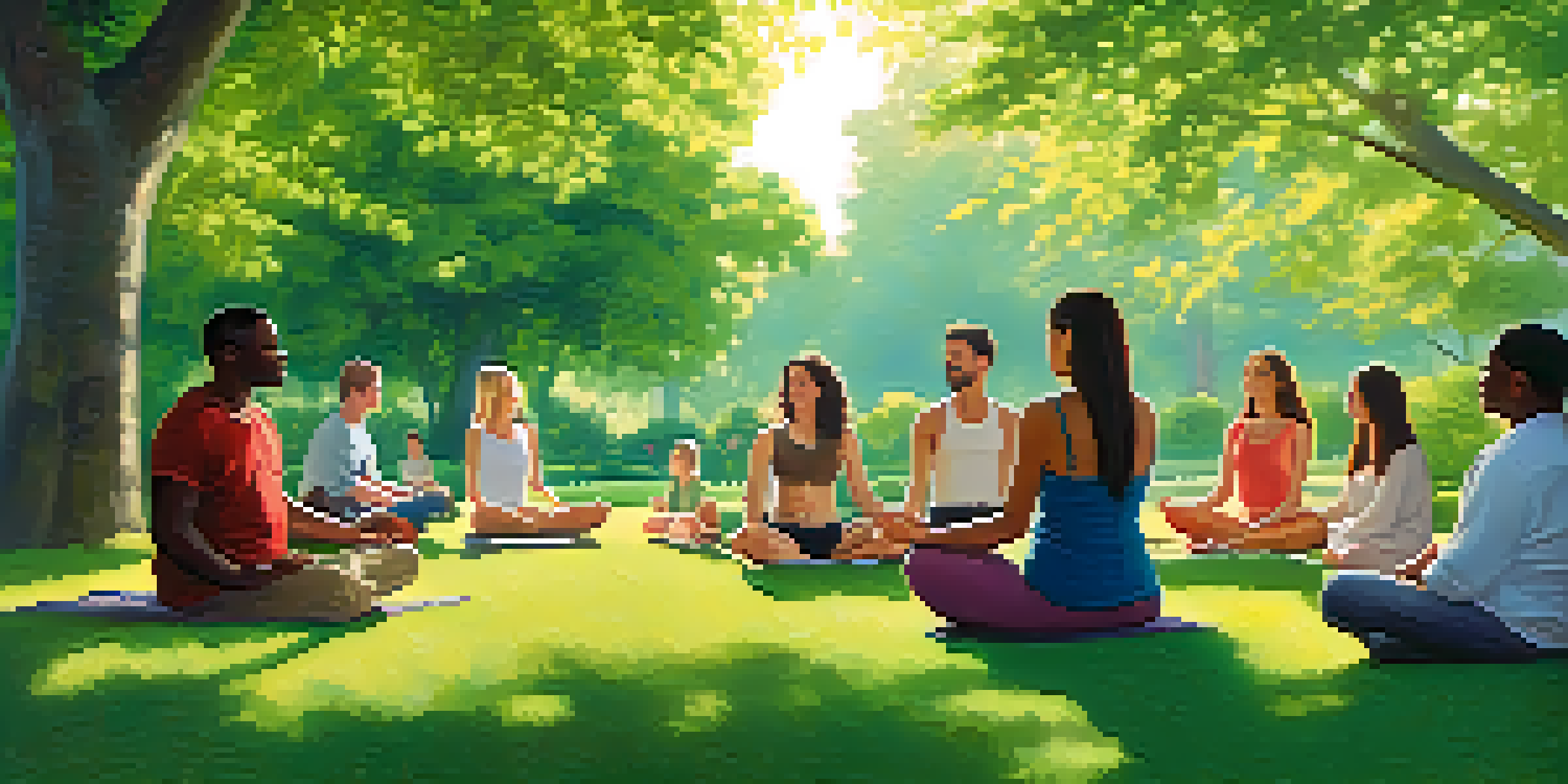 A diverse group of people meditating in a sunny park, surrounded by green trees and colorful flowers, conveying a sense of peace and mindfulness.