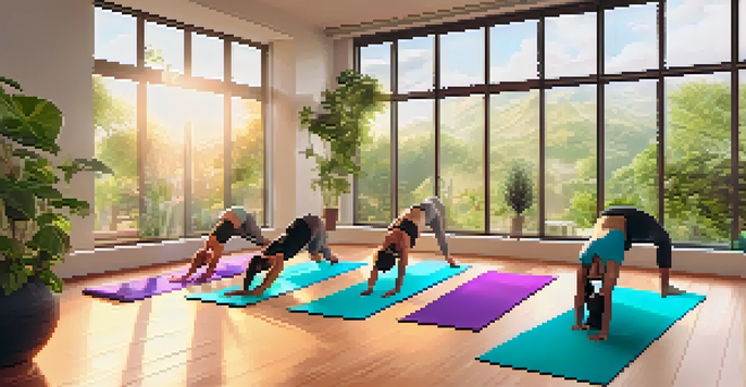 A diverse group of people practicing yoga in a bright room with large windows overlooking a garden, surrounded by greenery and soft light.