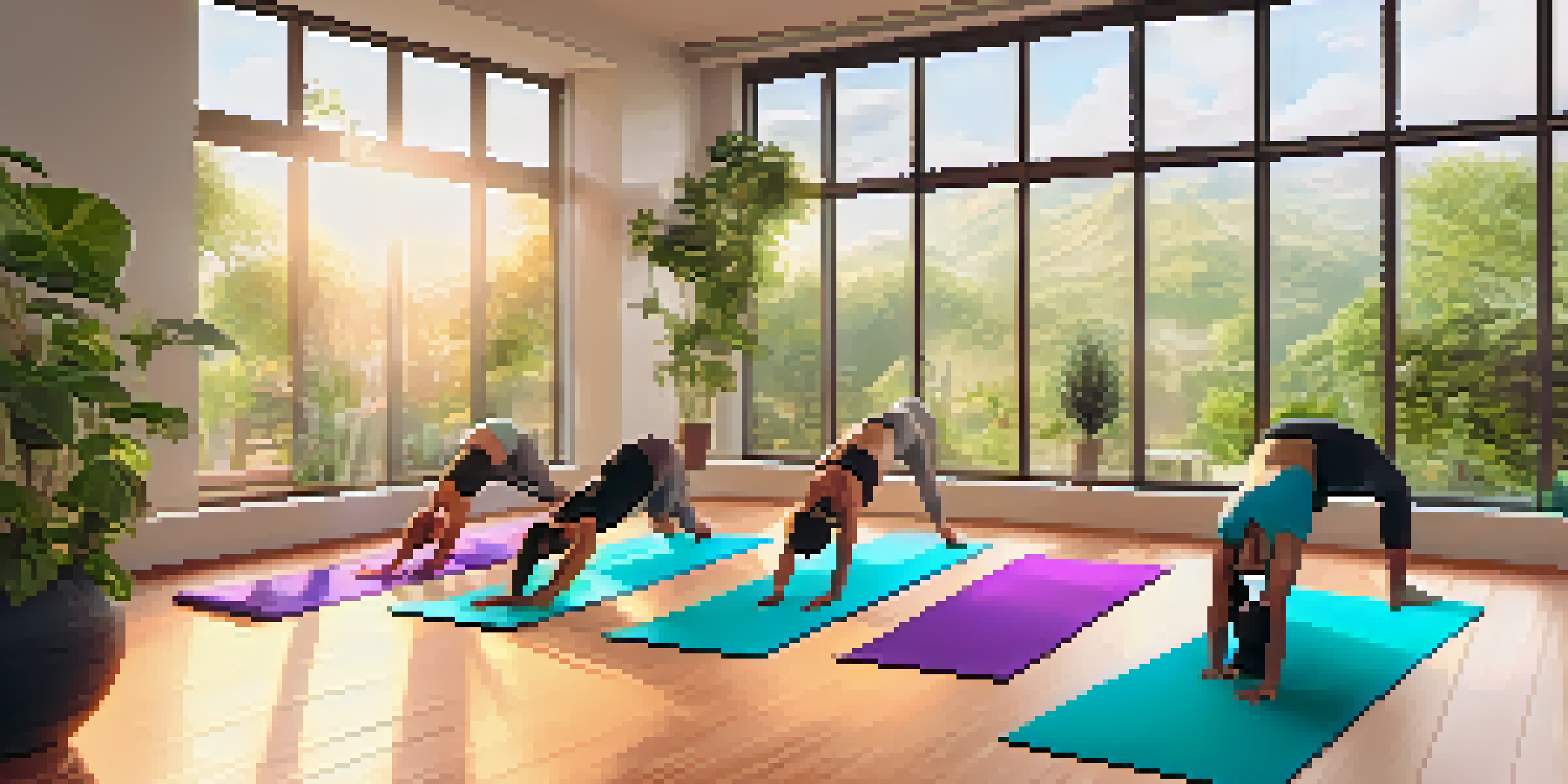 A diverse group of people practicing yoga in a bright room with large windows overlooking a garden, surrounded by greenery and soft light.