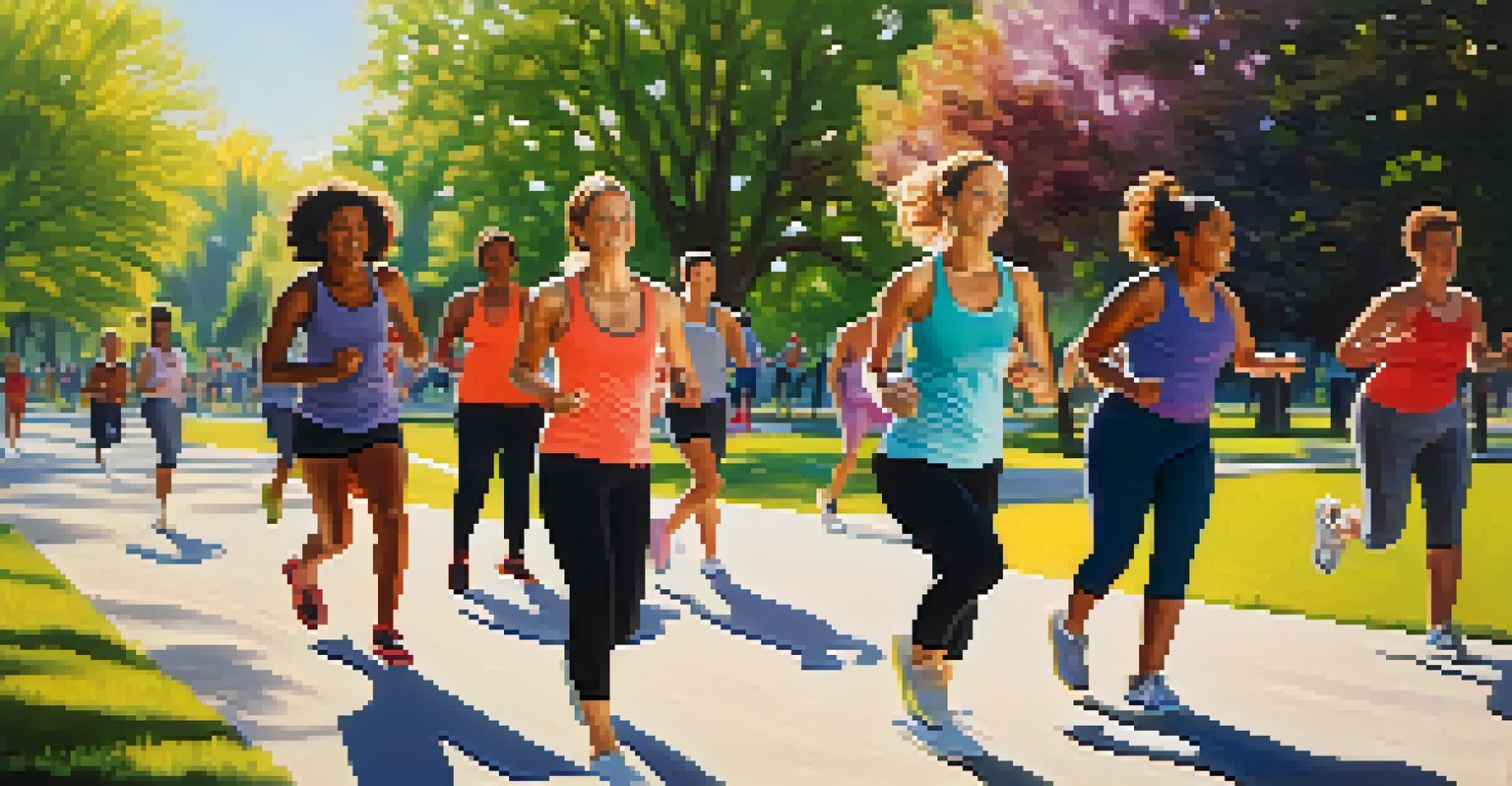 A lively outdoor scene with people practicing yoga, jogging, and dancing in a sunlit park, showcasing joyful physical activity.