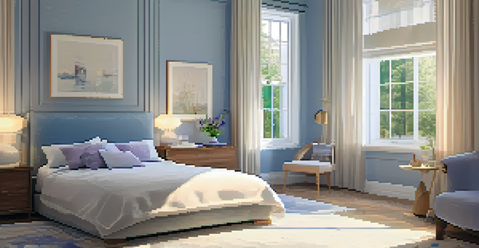 A cozy bedroom with a neatly made bed, soft pillows, and a bedside table with a vase of fresh lavender, all bathed in warm light.