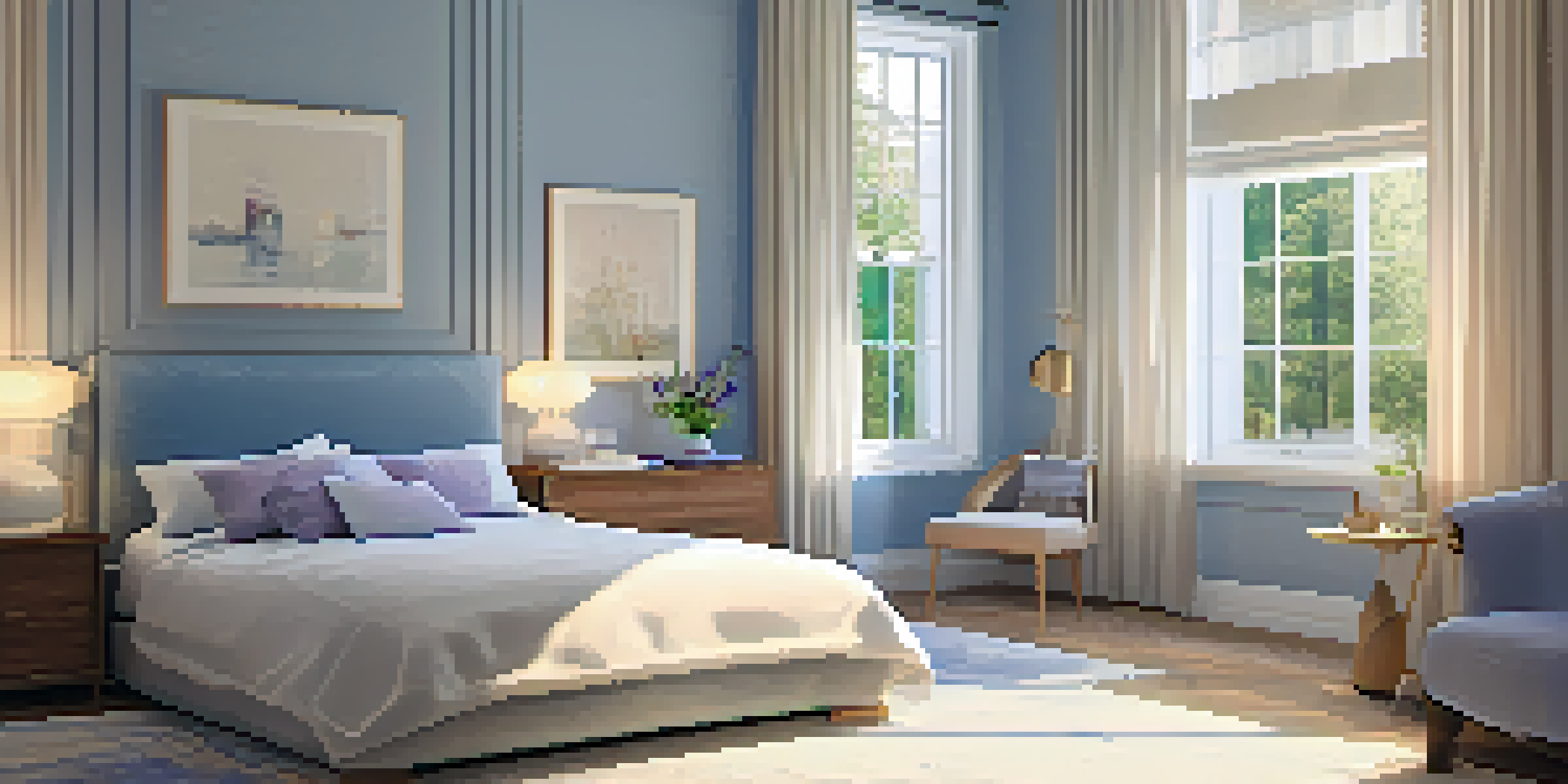 A cozy bedroom with a neatly made bed, soft pillows, and a bedside table with a vase of fresh lavender, all bathed in warm light.