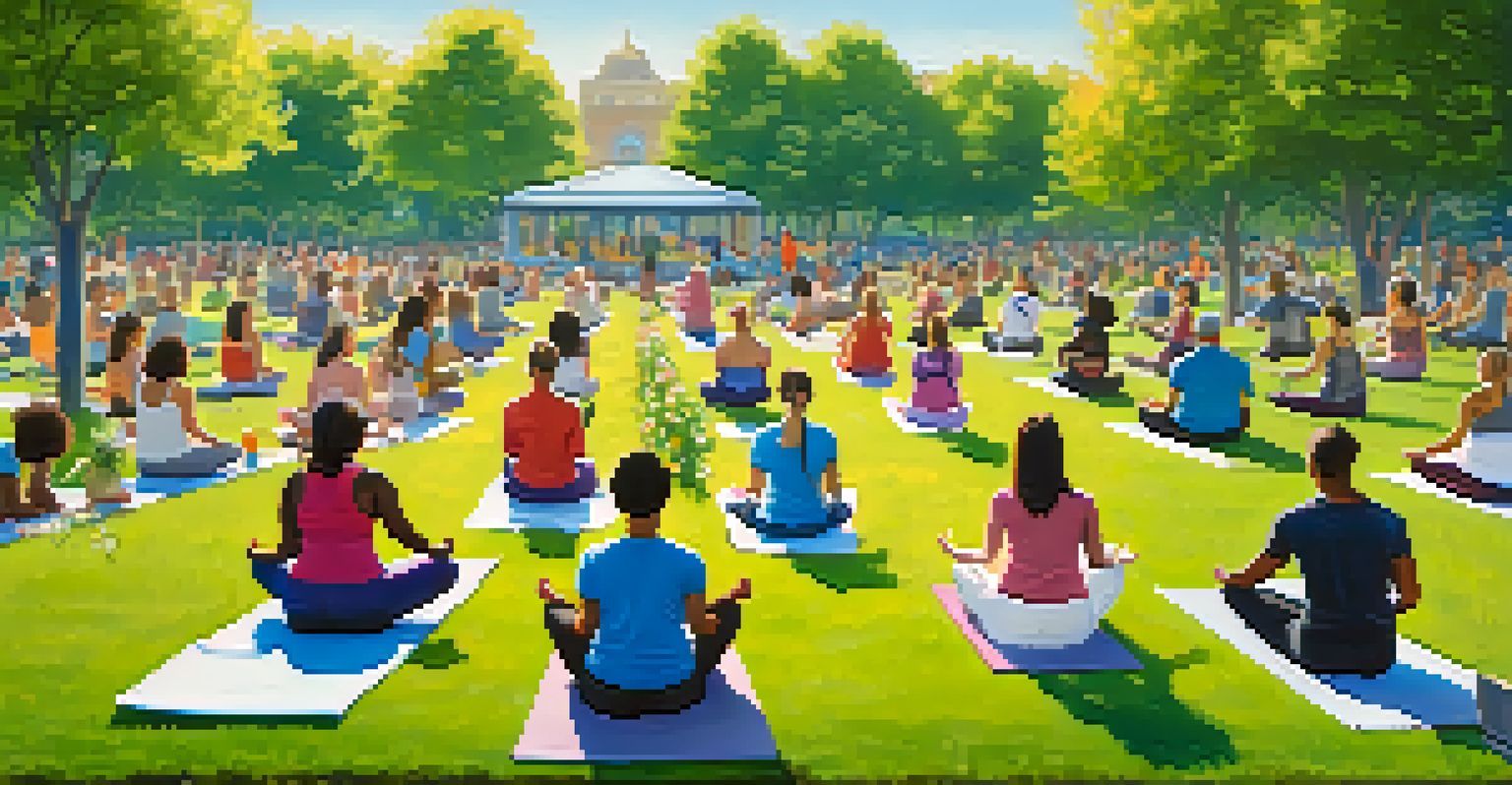 A diverse group of people practicing yoga outdoors in a park, surrounded by nature.