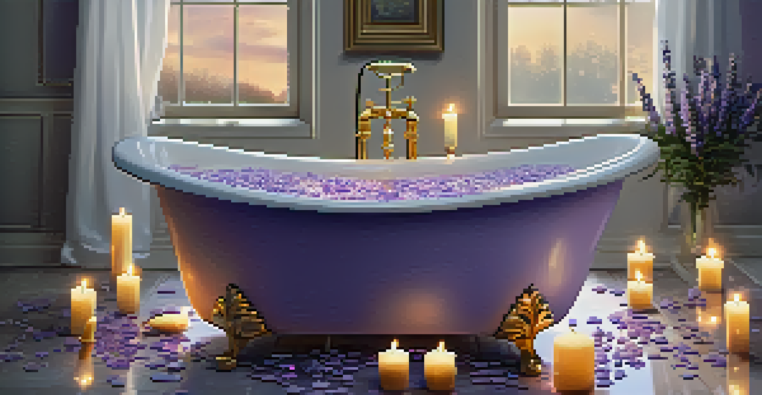 A luxurious bathtub filled with water, surrounded by candles and essential oil bottles, with lavender oil being added, creating a calming atmosphere.