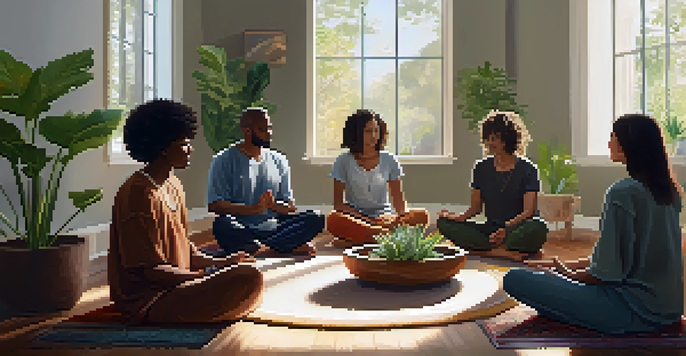 A group of diverse individuals meditating together in a sunlit room, creating a peaceful and supportive environment.