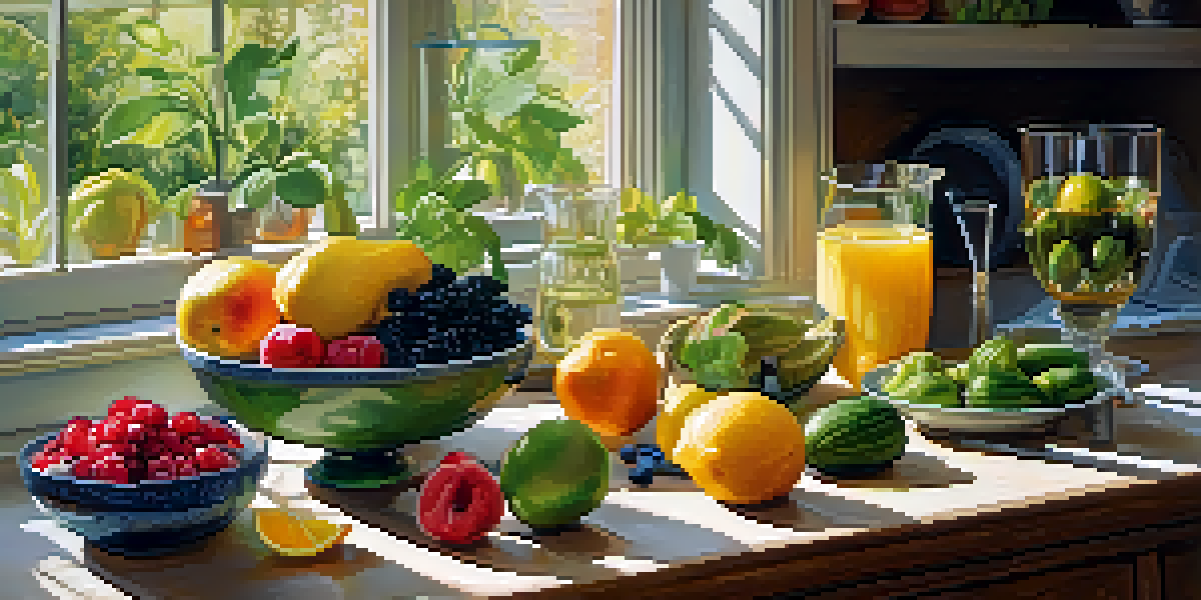 A bright kitchen with various fresh fruits and vegetables displayed on a wooden table, illuminated by sunlight.