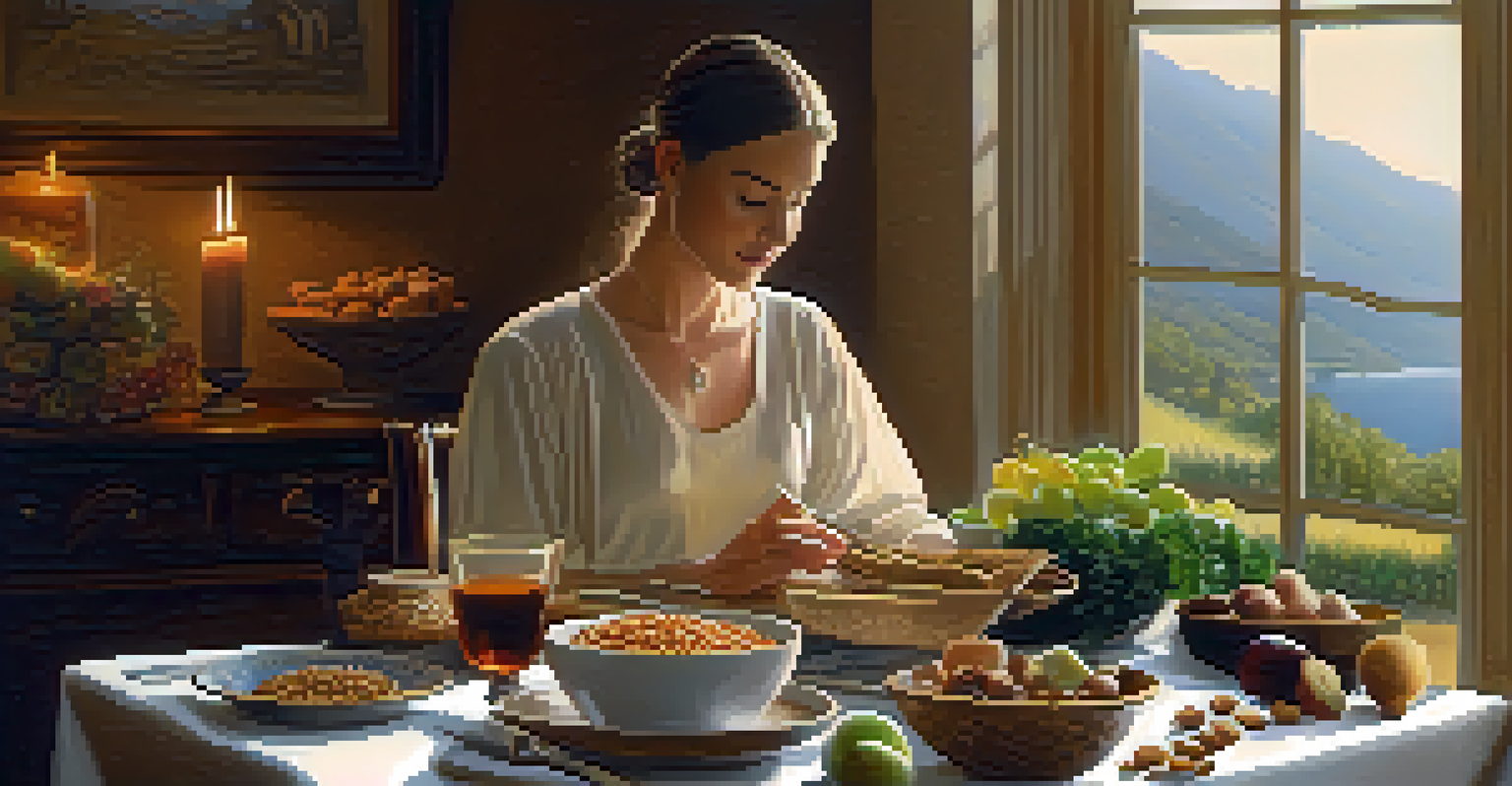 A person practicing mindful eating at a dining table set with whole foods, surrounded by candlelight, creating a serene atmosphere.