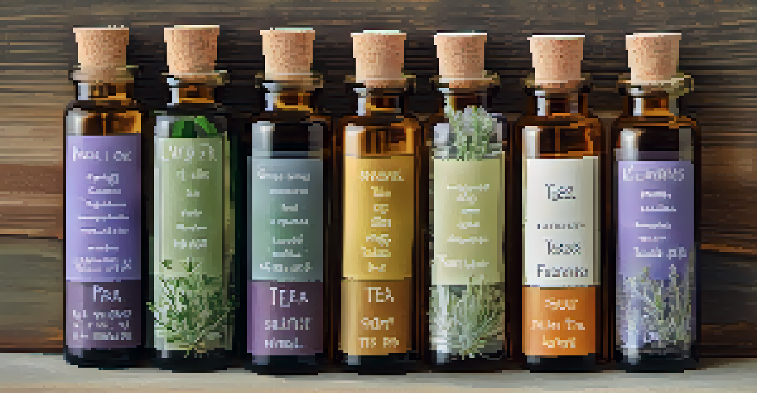 A close-up view of various essential oils in glass bottles with labels, set against natural elements.