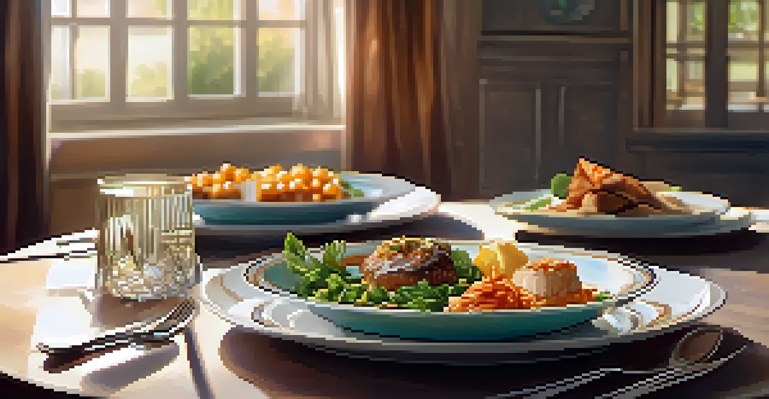 A person enjoying a mindful meal at a dining table, with a beautifully arranged plate and warm lighting.