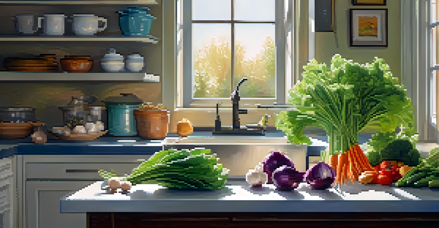 A serene kitchen scene with a person preparing a healthy meal using fresh ingredients like garlic and herbs, symbolizing gut health and wellness with sunlight streaming in.