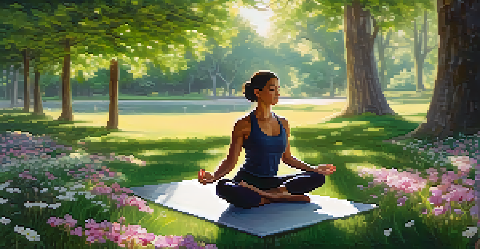 A person practicing yoga in a peaceful park surrounded by greenery and flowers, showcasing relaxation and mindfulness.