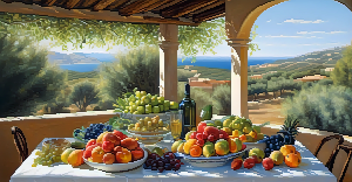A Mediterranean diet spread on a wooden table in a lush outdoor setting, showcasing fruits, vegetables, and whole grains under sunlight.
