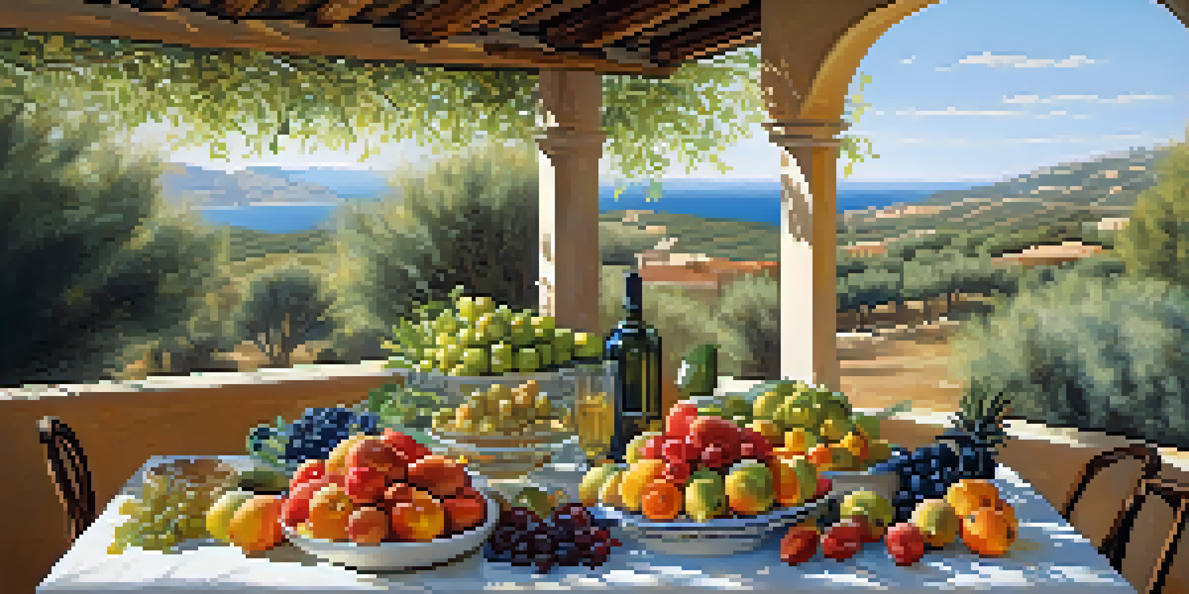 A Mediterranean diet spread on a wooden table in a lush outdoor setting, showcasing fruits, vegetables, and whole grains under sunlight.