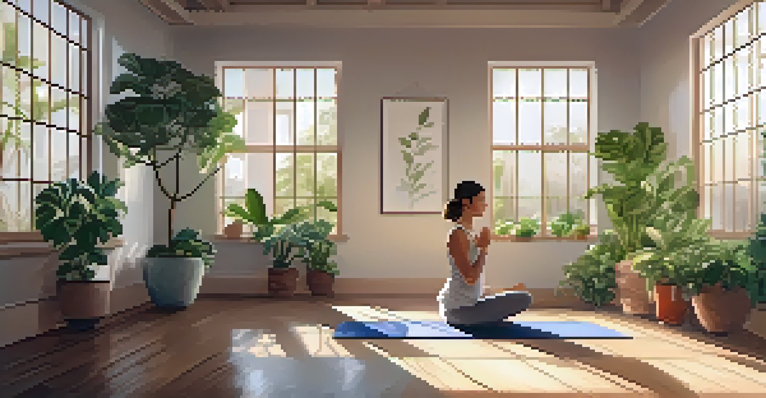 A person practicing yoga in a tranquil studio filled with plants and soft lighting, creating a serene atmosphere.