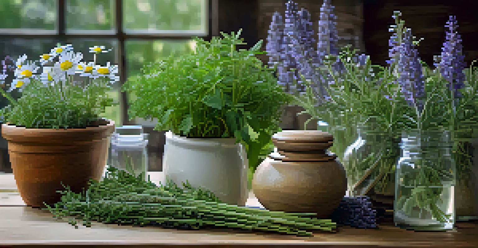 A collection of sleep-promoting herbs like chamomile, valerian root, and lavender on a wooden table, with a garden in the background.