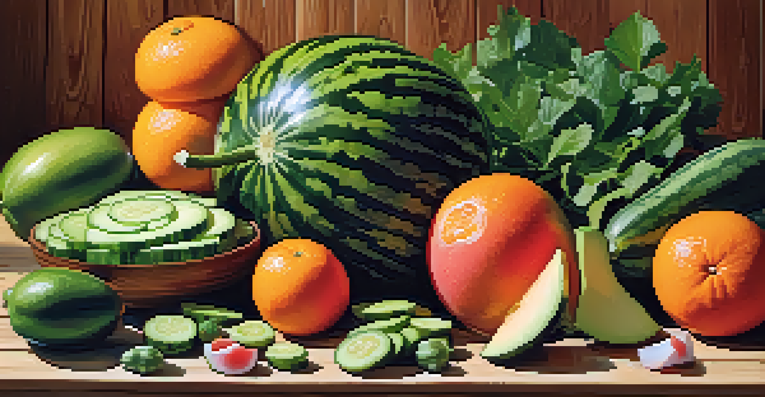 A colorful assortment of water-rich fruits and vegetables on a wooden table.