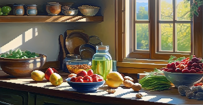 A brightly lit kitchen featuring fresh fruits, vegetables, nuts, and herbal tea on a wooden countertop, all bathed in warm sunlight.