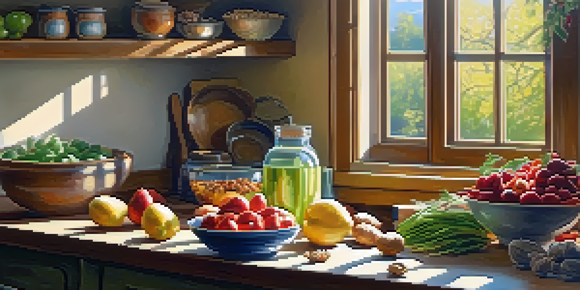 A brightly lit kitchen featuring fresh fruits, vegetables, nuts, and herbal tea on a wooden countertop, all bathed in warm sunlight.