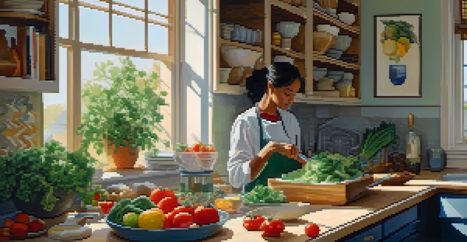 A person preparing a healthy meal in a cozy kitchen with fresh ingredients on the countertop and sunlight streaming through the window.