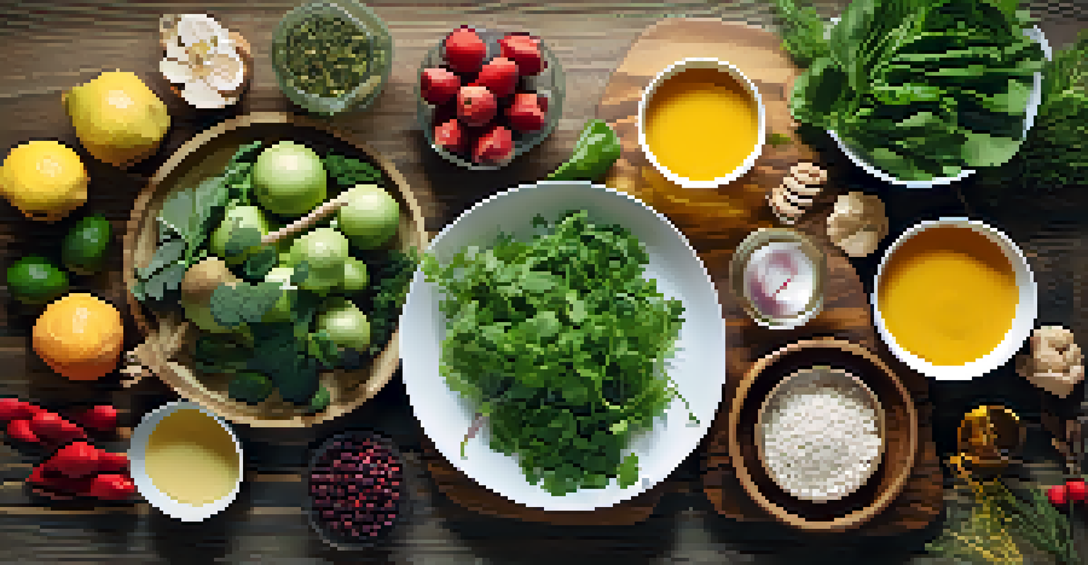 A flat lay of detoxification foods including fruits, greens, and spices on a wooden surface.