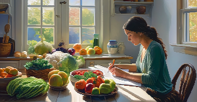 A woman in a cozy kitchen writing in a journal, surrounded by fresh fruits and vegetables with soft morning light.